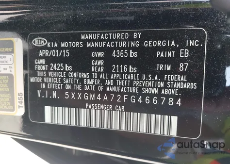 2015 Kia Optima Lx z USA, uszkodzony, nr VIN 5XXGM4A72FG466784